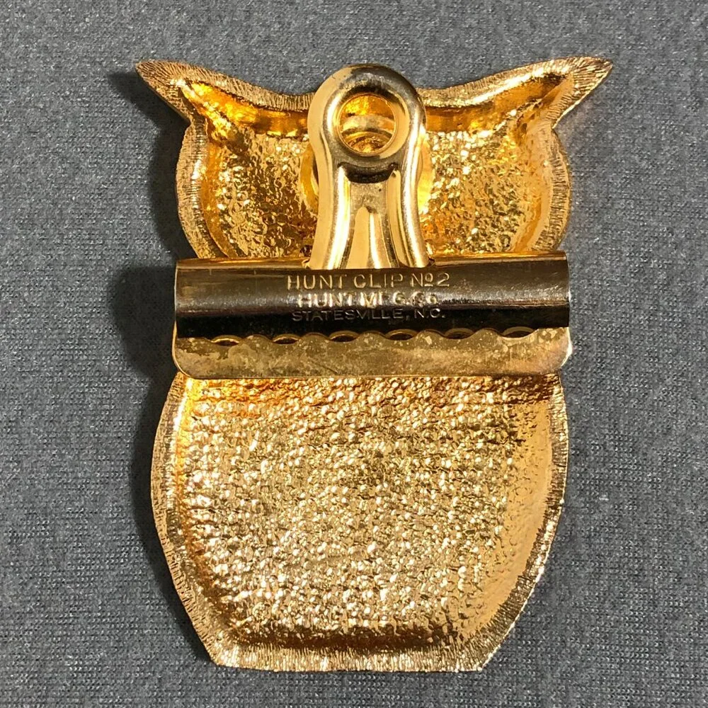 Vintage Golden Owl Desk Paper Holder Clip paperweight Hunt Mfg. Co Gold Metal